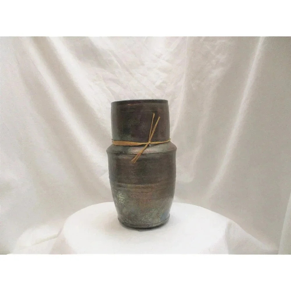 Raku Vase volcanic texture blues Pinks Copper tones hand made iridescent black